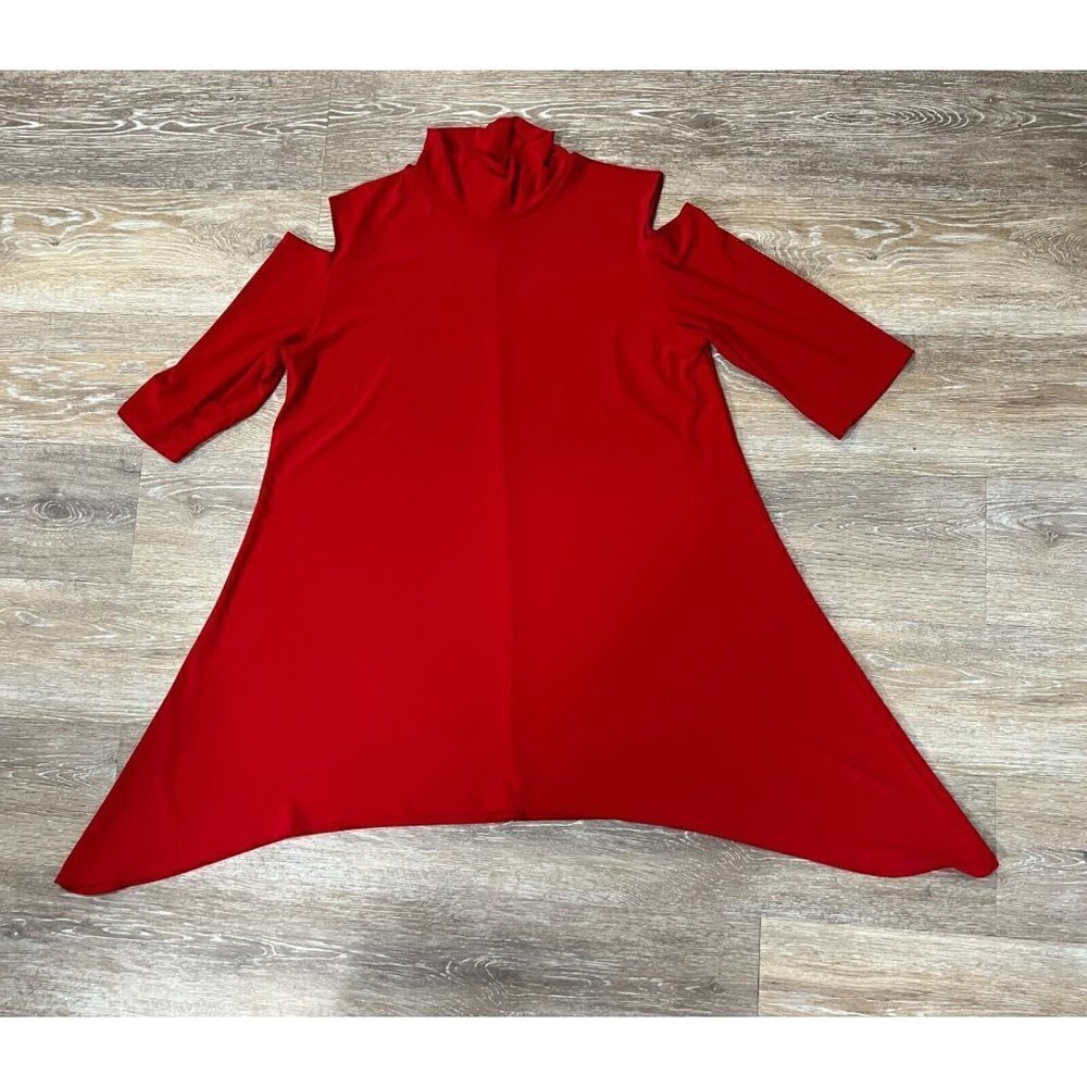 Clara Sun Woo Sz S Red Mock Neck Cold Shoulder Asymmetrical Tunic Top Stretch